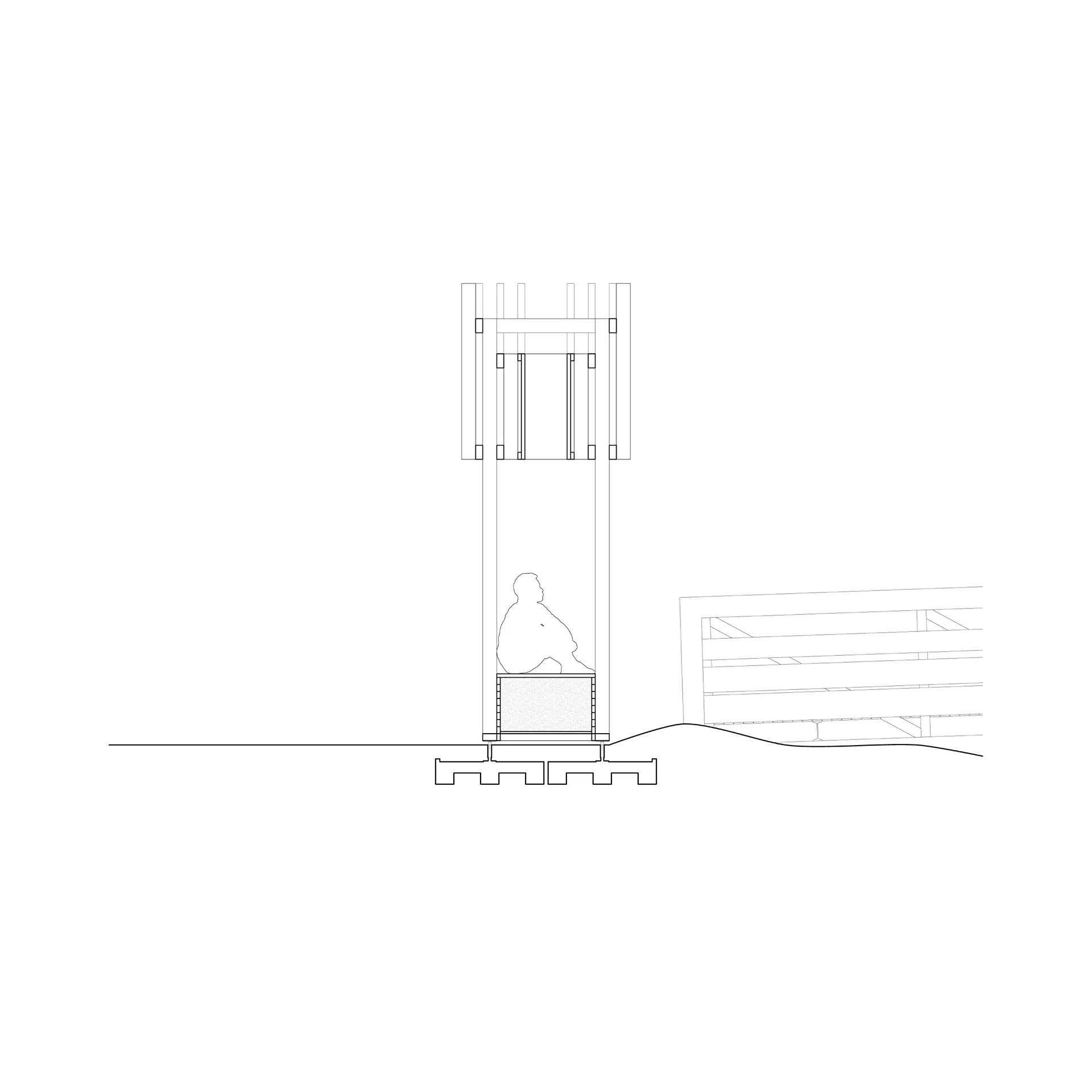 Coupe longitudinale, détail des bancs bacs avec le poids pour le maintien de la structure