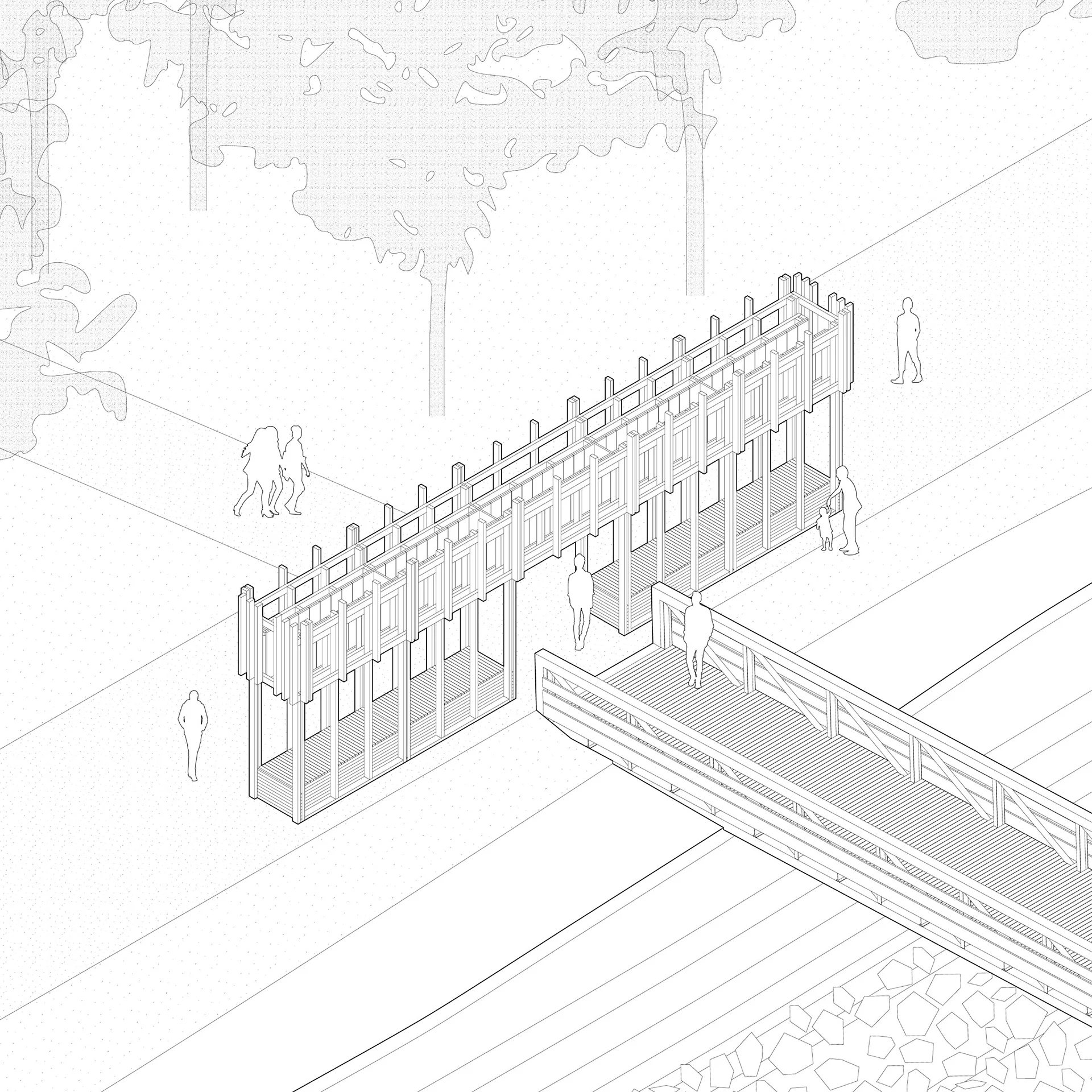 Coupe transversale, détail des bancs bacs avec le poids pour le maintien de la structure