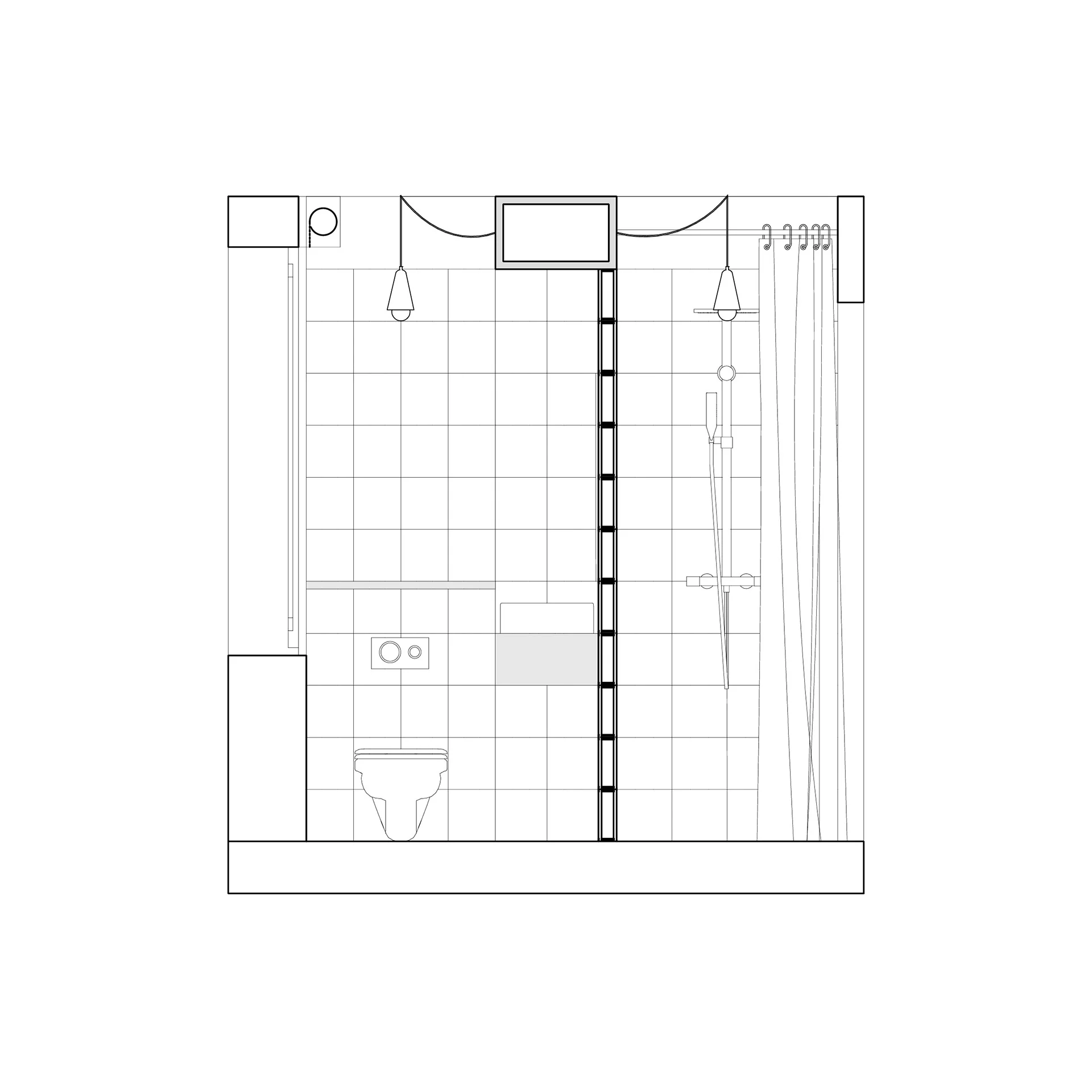 Coupe transversale traversant espace douche et WC